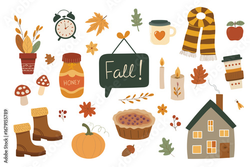 Autumn cozy elements set. Cute fall icons. Hand drawn doodle pie, scarf, candles, boots, coffee cup, honey jar and leaves. Great for fall backgrounds, posters, clipart, cards and templates.