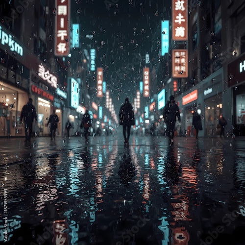 Wallpaper Mural Rainy night city street with people walking under umbrellas, neon reflections on wet pavement.
 Torontodigital.ca