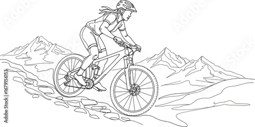 Dynamic mountain biker riding on a trail with mountains in the background, showcasing adventure and outdoor recreation
