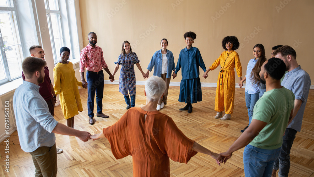 Obraz premium Photo of a diverse group of people holding hands in a circle, fostering a sense of community and connection