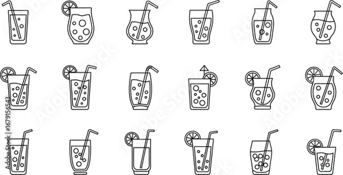Collection of refreshing cocktail drinks with ice and fruit, perfect for summer