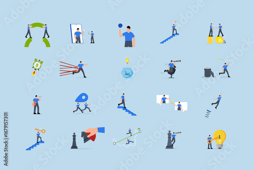 Business illustrations set. Collection of scenes with men and women taking part in business activities.
