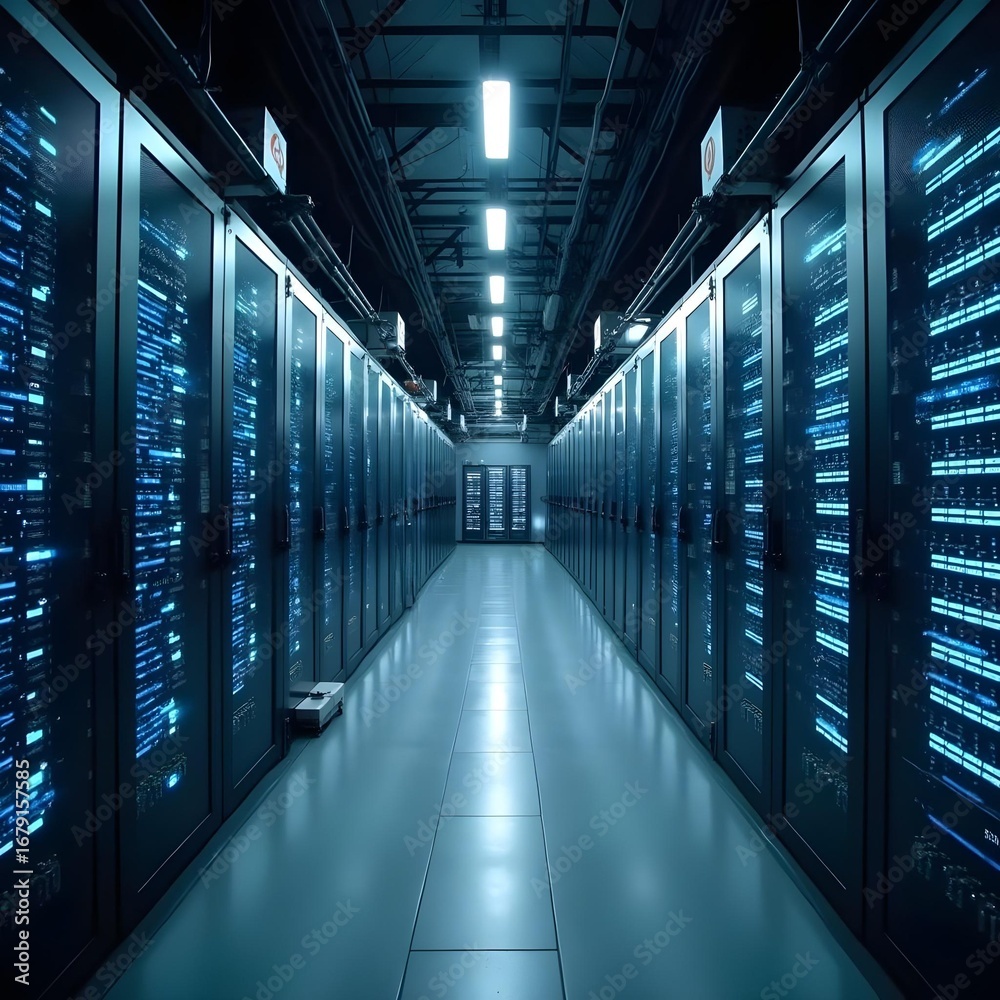 Fototapeta premium Modern data center services showcased in rows of servers glowing with blue LED lights, ensuring secure and efficient digital operations.