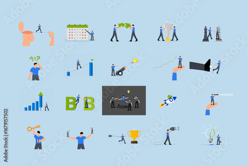 Business illustrations set. Collection of scenes with men and women taking part in business activities.