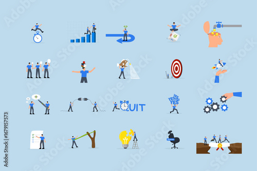 Business illustrations set. Collection of scenes with men and women taking part in business activities.