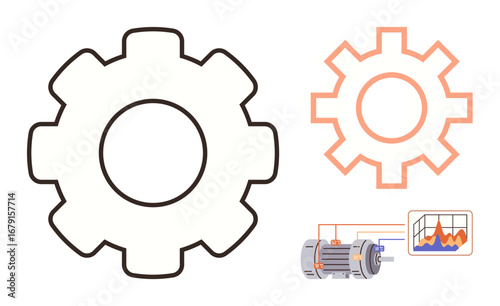 Gear outlines with motor and performance chart elements, emphasizing mechanics and data analysis. Ideal for industry, engineering, process optimization, automation, technology, innovation, simple