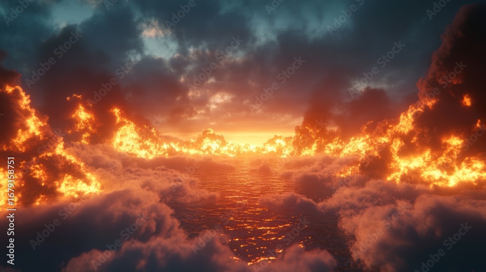 Fototapeta premium Fiery Sunset: A Surreal Seascape of Burning Clouds