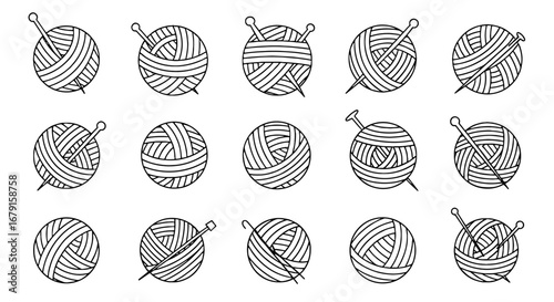 Yarn balls with knitting needles vector drawing. Knitting, crochet, craft, hobby, textile, wool, thread, design, artwork, art, creative.