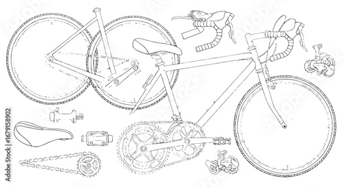Outline drawing shows disassembled racing bicycle parts. Cycling, road bike, gears, chain, frame, tires, components, parts, sport, vehicle, fitness, diagram, blueprint