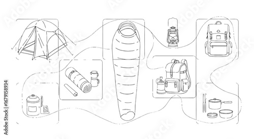 Camping gear layout shows supplies. Tent, sleeping bag, lantern, backpack, cooking set. Outdoors, equipment, adventure, exploration, packing essentials.