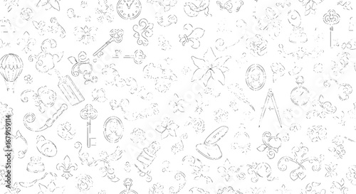Vintage seamless pattern with drawing elements. Nostalgic background, decoration, antique, old, design, ornate, drawing, ornate, wallpaper, victorian, retro.