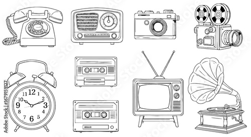 Vintage media devices drawn in line art. Nostalgia, retro technology, old fashioned gadgets, antique communication, analog technology, vintage electronics, oldies, memory