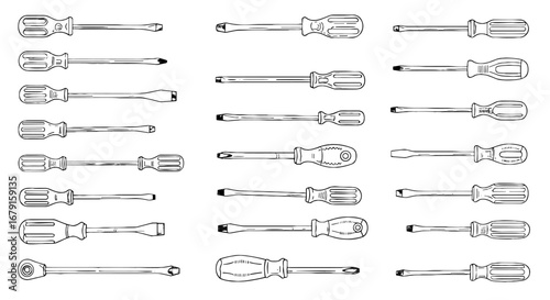 Assorted screwdrivers displayed. Tool set, manual repair tools, construction equipment, hardware, hand tool, precision, do it yourself, engineering.