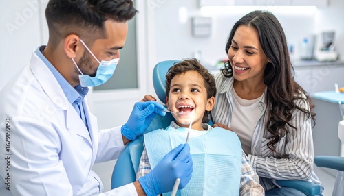 A dentist checking a child’s teeth with supportive parents, healthy family dental care.