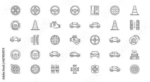 Collection of transportation outline icons. Automotive, cars, steering wheels, engine, cones, auto service, transport, car repair elements, icons.