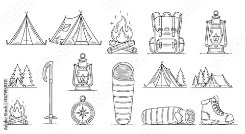 Camping gear and outdoor essentials illustration. Adventure, outdoor, equipment, nature, adventure, hiking, vacation, activity