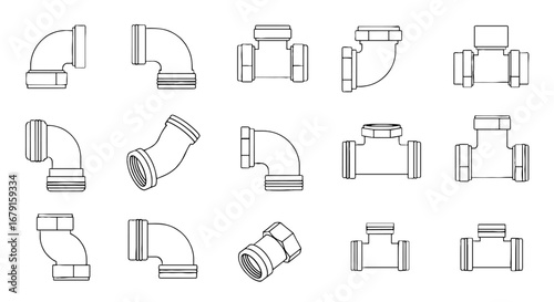 Pipes and fittings diagram. Plumbing elements, pipeline components, connection equipment, engineering, industrial design, construction, hardware, sanitary system, installation.