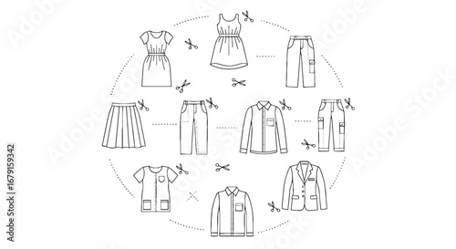 Clothing design icons with scissors in circle. Fashion, tailor, style, apparel, textile, pattern, fabric, garment making, sew, boutique, designer.