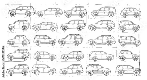 Car and SUV sketches in a layout. Automotive engineering, design, vehicles, transport, automobile, blueprint, transportation, plan, outline, cars, drawing