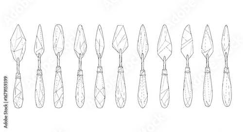 Palette knives are displayed in rows, diverse shapes. Artistic tools, creativity, art supplies, painting, equipment, metal blades, drawing, craftsmanship, studio