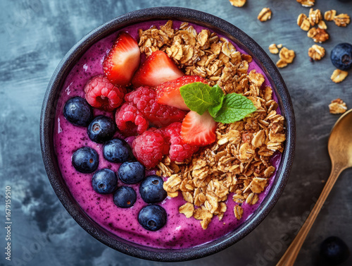 Healthy smoothie bowl with fresh berries, banana, peach and granola, colorful vegan breakfast with nutritious fruits, clean eating concept for healthy lifestyle and food photography
