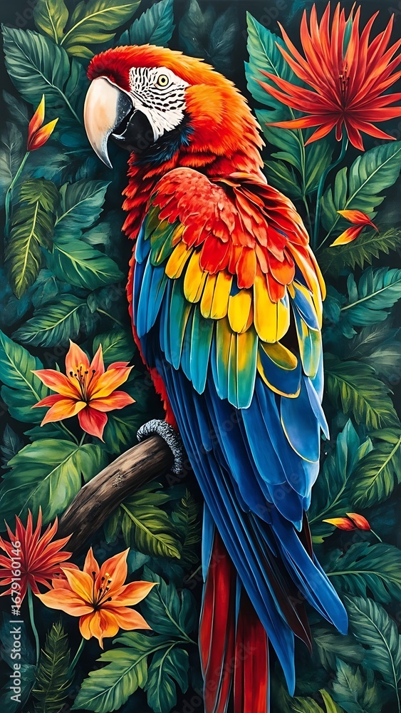 Obraz premium Colorful parrot perched among tropical flowers and leaves in a vibrant jungle setting