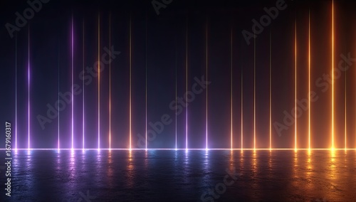Neon vertical beams on a dark floor
