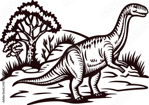 Vintage engraved illustration of a brachiosaurus dinosaur walking in prehistoric landscape with trees and rocks
