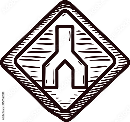 Vintage engraved y intersection road sign in diamond frame, hand drawn sketch isolated on white background