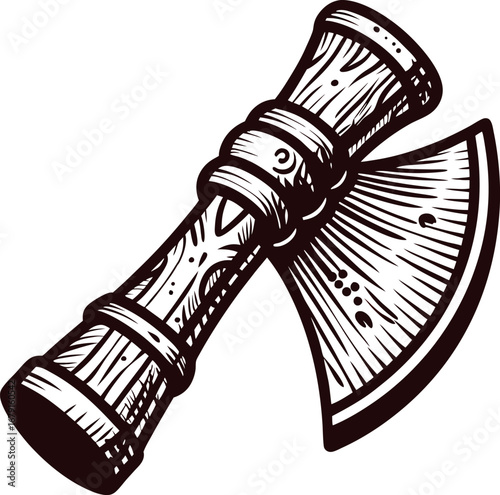 Hand drawn engraved double headed axe with wooden handle isolated on white in vintage sketch illustration