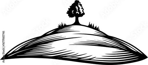 Lone tree atop gently sloping hill in minimalist black and white hand drawn illustration