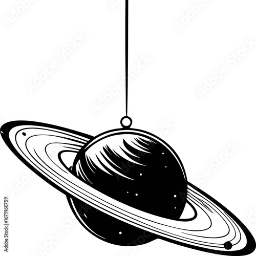 Black and white illustration of saturn planet with hanging string and visible rings isolated on white background