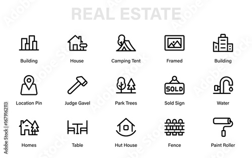 Finance construction professional line icon collection. Modern real estate property vector pack with architecture, housing, mortgage, investment, asset, economic growth