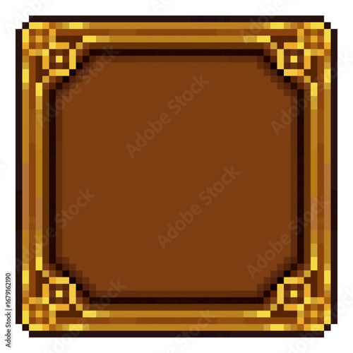 Golden pixel art frame, suitable for treasure menus, inventory slots, or royal fantasy UI.
