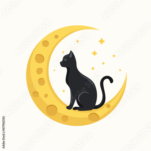 Vector flat Halloween illustration — Black cat on crescent moon