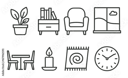 Minimalist home decor icons set featuring furniture and accessories