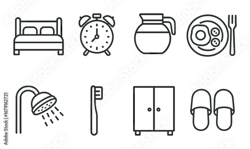 Minimalistic morning routine icons: bed, alarm, breakfast, shower, toothbrush, wardrobe, slippers