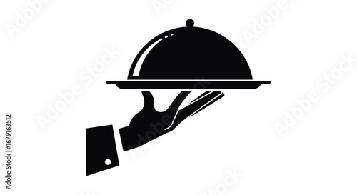 A hand holding a covered serving dish on a tray