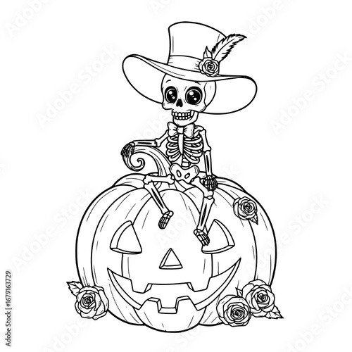 Charming skeleton in stylish hat sits atop a grinning pumpkin adorned with roses, perfect for Halloween. halloween coloring, line art, drawing illustration
