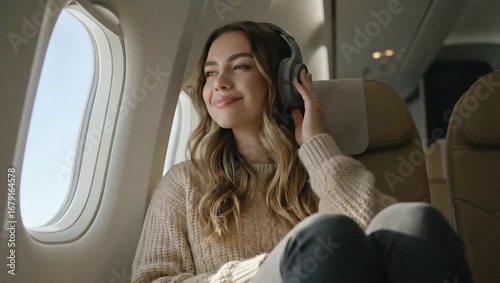 Happy Relaxed woman listening to music on headphones during flight