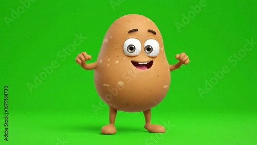 3D Happy cartoon potato character scratching head on green screen