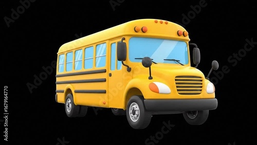 3D cartoon style yellow school bus isolated on black background