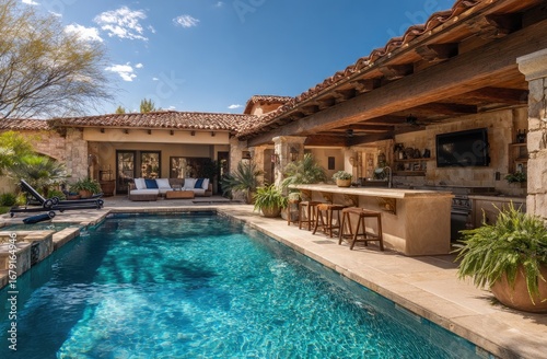 Luxurious outdoor pool area with a stylish bar and patio