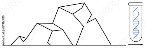 Abstract mountains transitioning to a test tube with a DNA strand, symbolizing genetic progress, research, and innovation. Ideal for science, evolution, growth, biology, research innovation