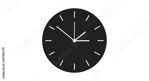 Minimalist black analog clock icon with a round face, white hands, and simple line markers.
