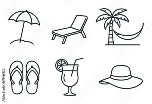 Summer beach symbols - umbrella, lounge chair, palm tree, flip-flops, cocktail, sun hat