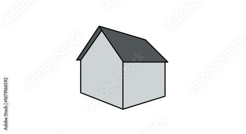 A simple, minimalist house icon with light gray walls, a dark gray pitched roof, and bold black outlines.