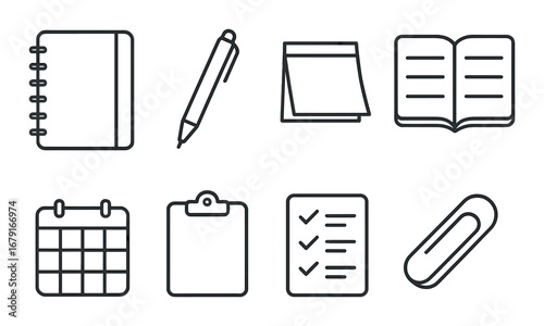 Set of office supply icons featuring notebook, pen, notepad, book, calendar, clipboard, checklist, paperclip