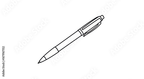 Minimalist black outline drawing of a retractable ballpoint pen with a clip.