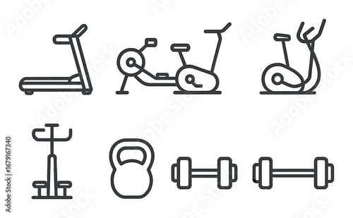 Home gym equipment icons: treadmill, exercise bike, dumbbells, kettlebell